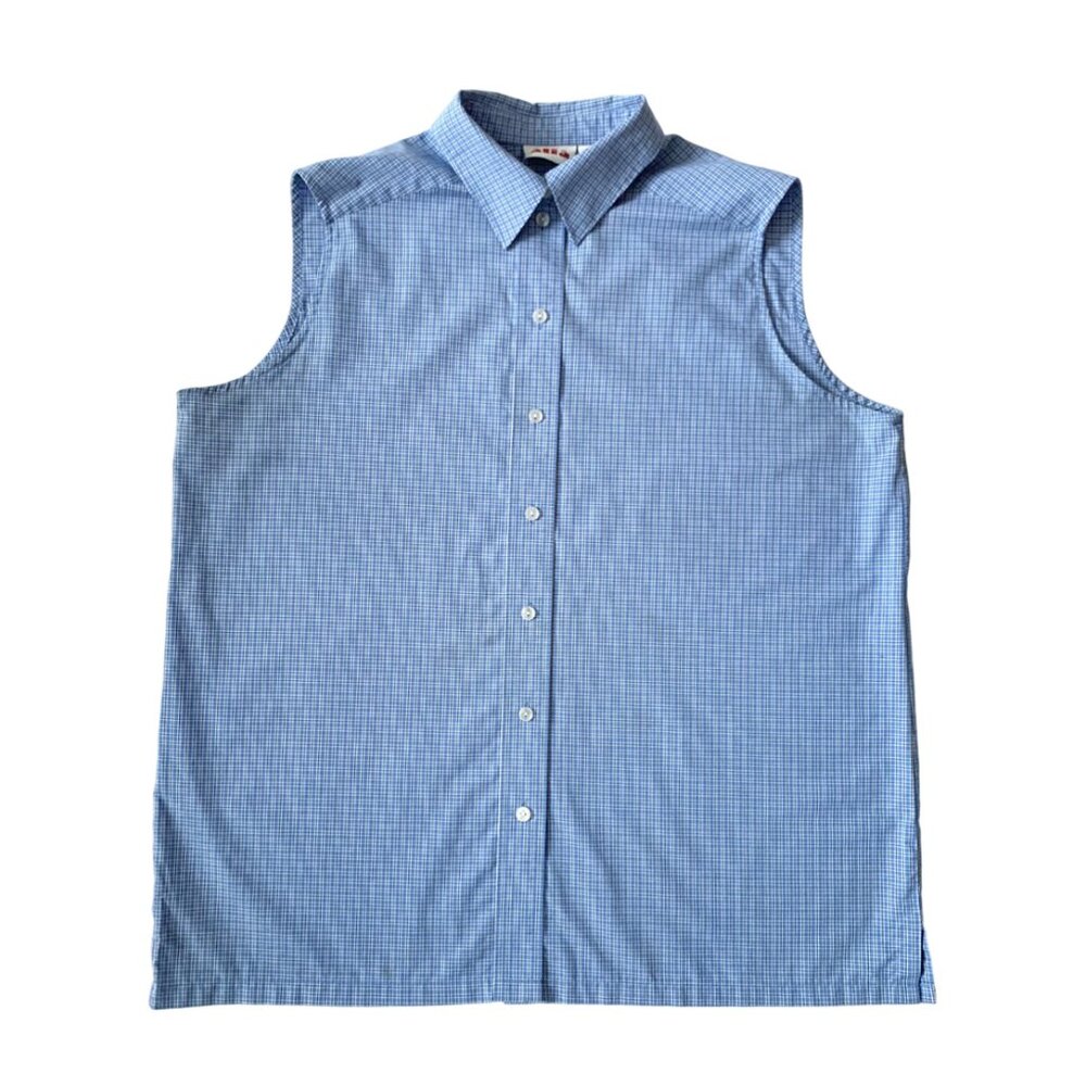 Vintage Alia Sleeveless Button Up Plaid Dress Shirt Blue Coastal Grandma Preppy - Picture 2 of 12